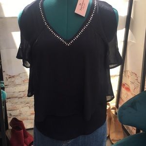 New Women’s Juicy Couture Dressy Embellished Layered V-Neck Cold-Shoulder Top